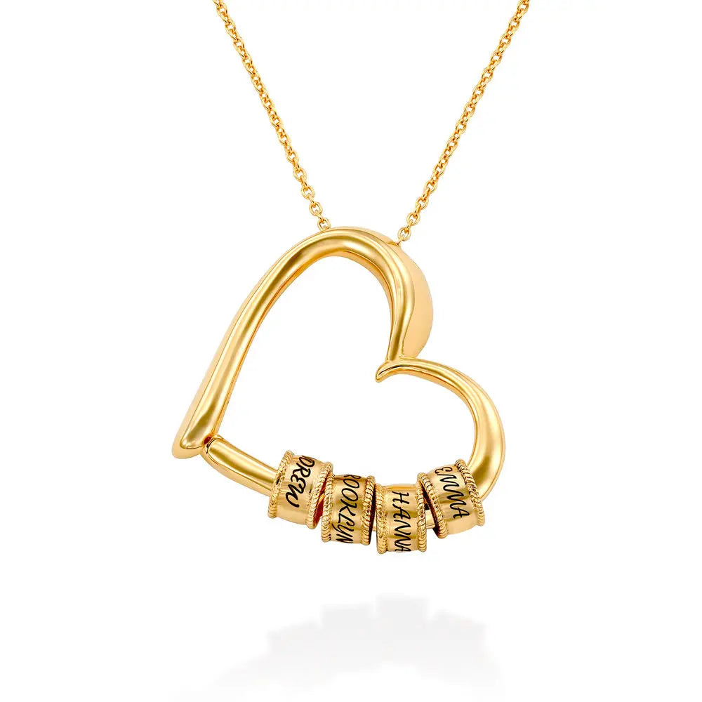 Heart Pendant Necklace with Engraved Beads Gold