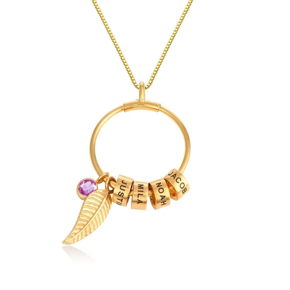 Circle Pendant Necklace with Engraved Beads Gold