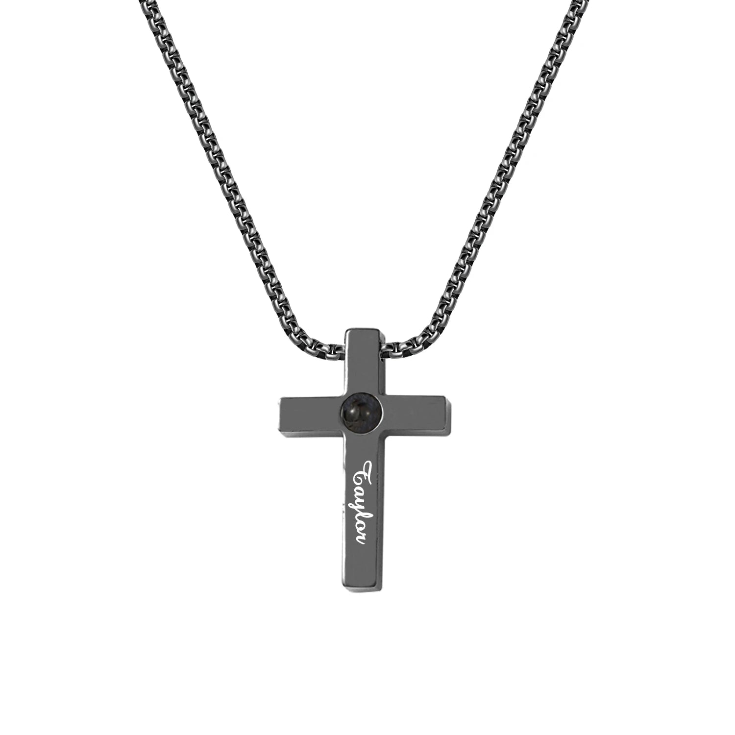Engraved Cross Pendant Necklace with Photo Black
