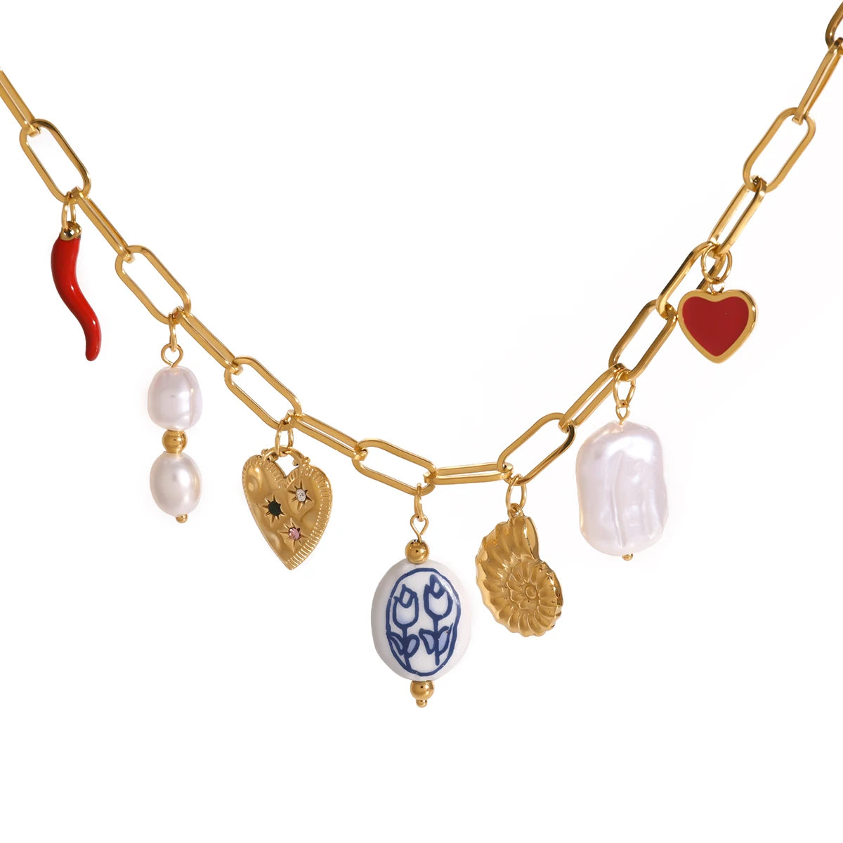 Charm Statement Necklace with Lucky Symbols & Pearls