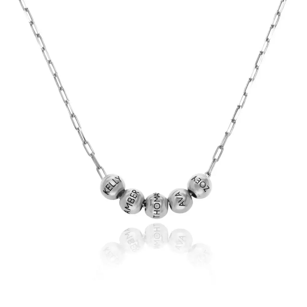 Silver Paperclip Family Necklace with Name Beads
