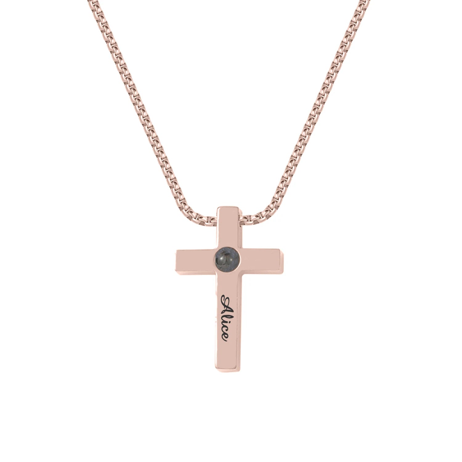 Engraved Cross Pendant Necklace with Photo Rose Gold