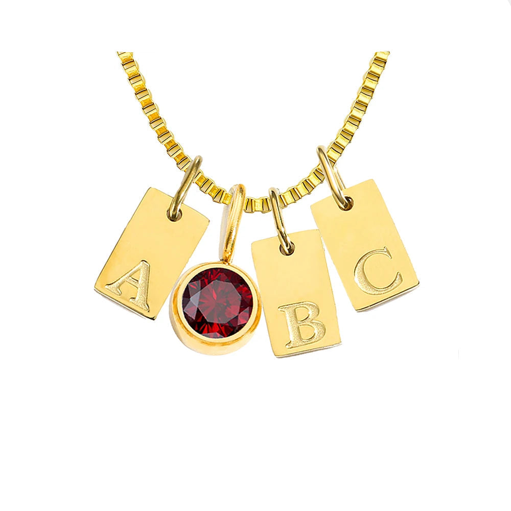 Engraved Gold Charm Necklace with Initial and Birthstone