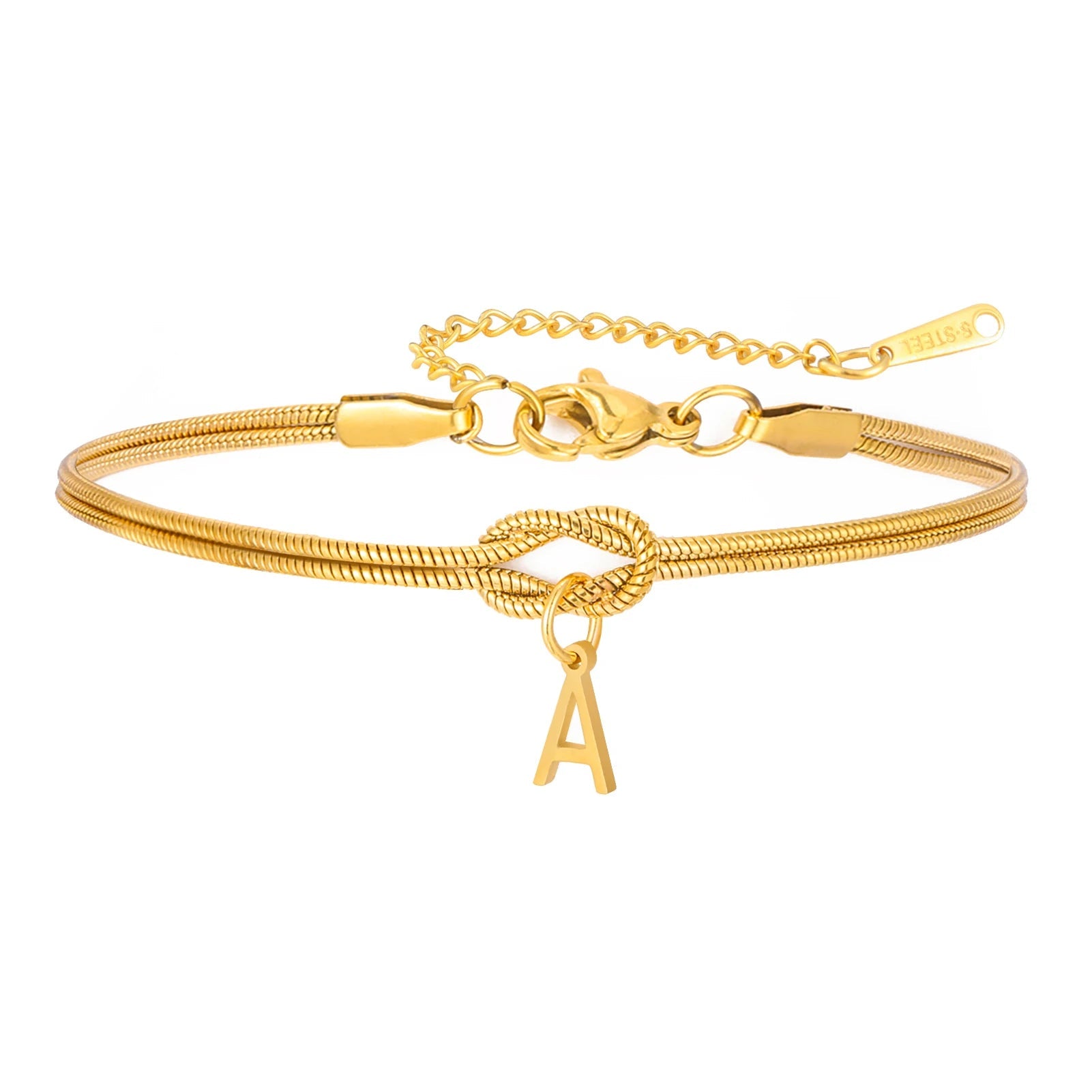 Gold Snake Chain Initial Bracelet with Infinity Knot