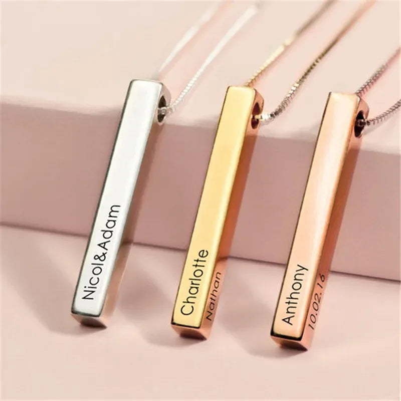 3D Bar Pendant Custom Name Necklace Gold