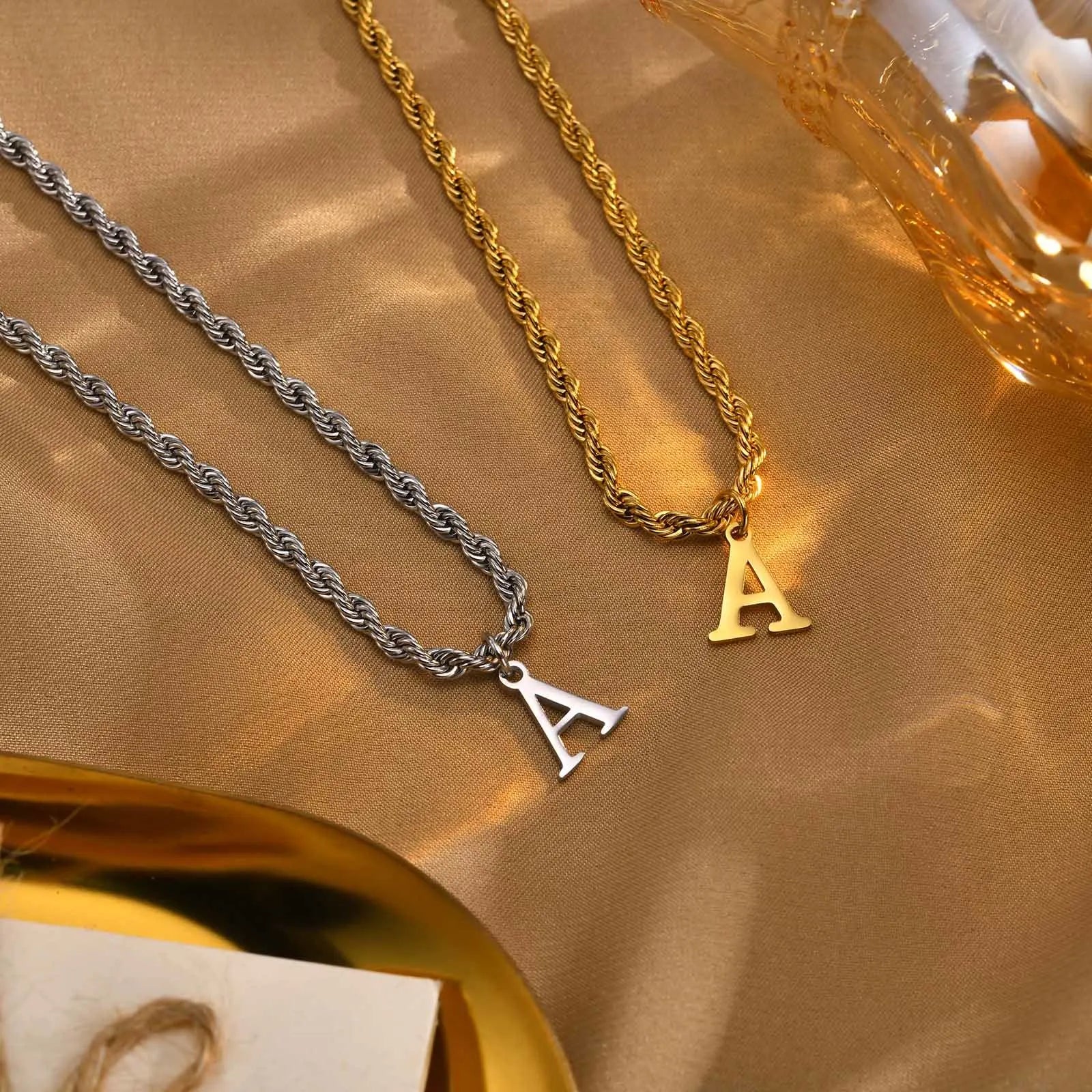 Classic Initial Necklace with Rope Chain Gold