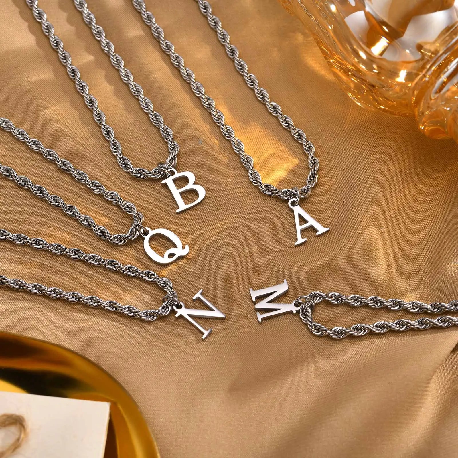 Classic Initial Necklace with Rope Chain Silver