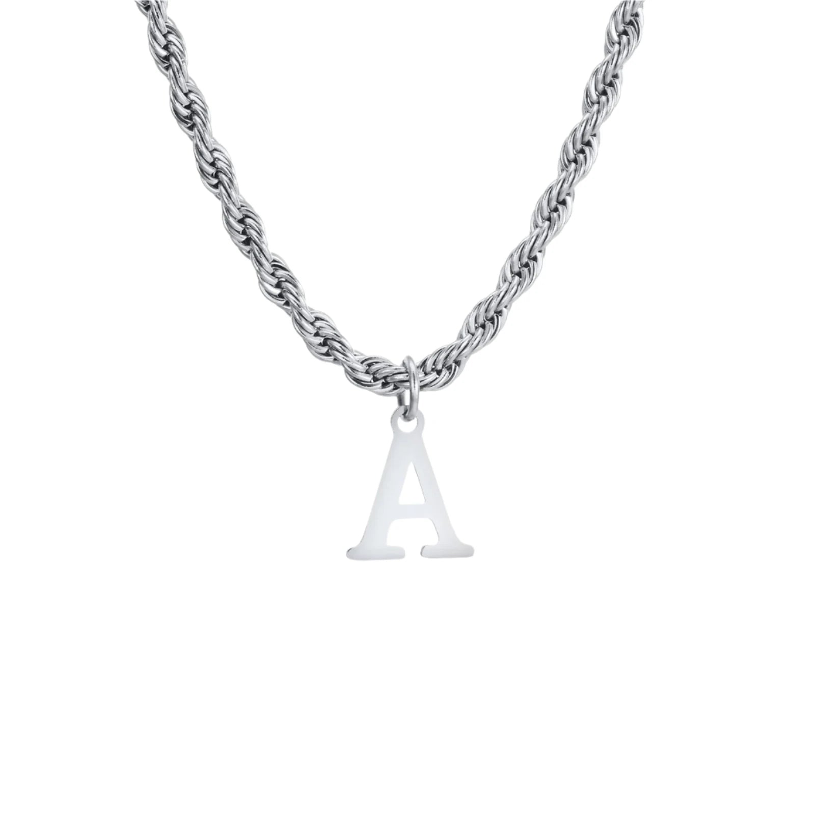 Classic Initial Necklace with Rope Chain Silver