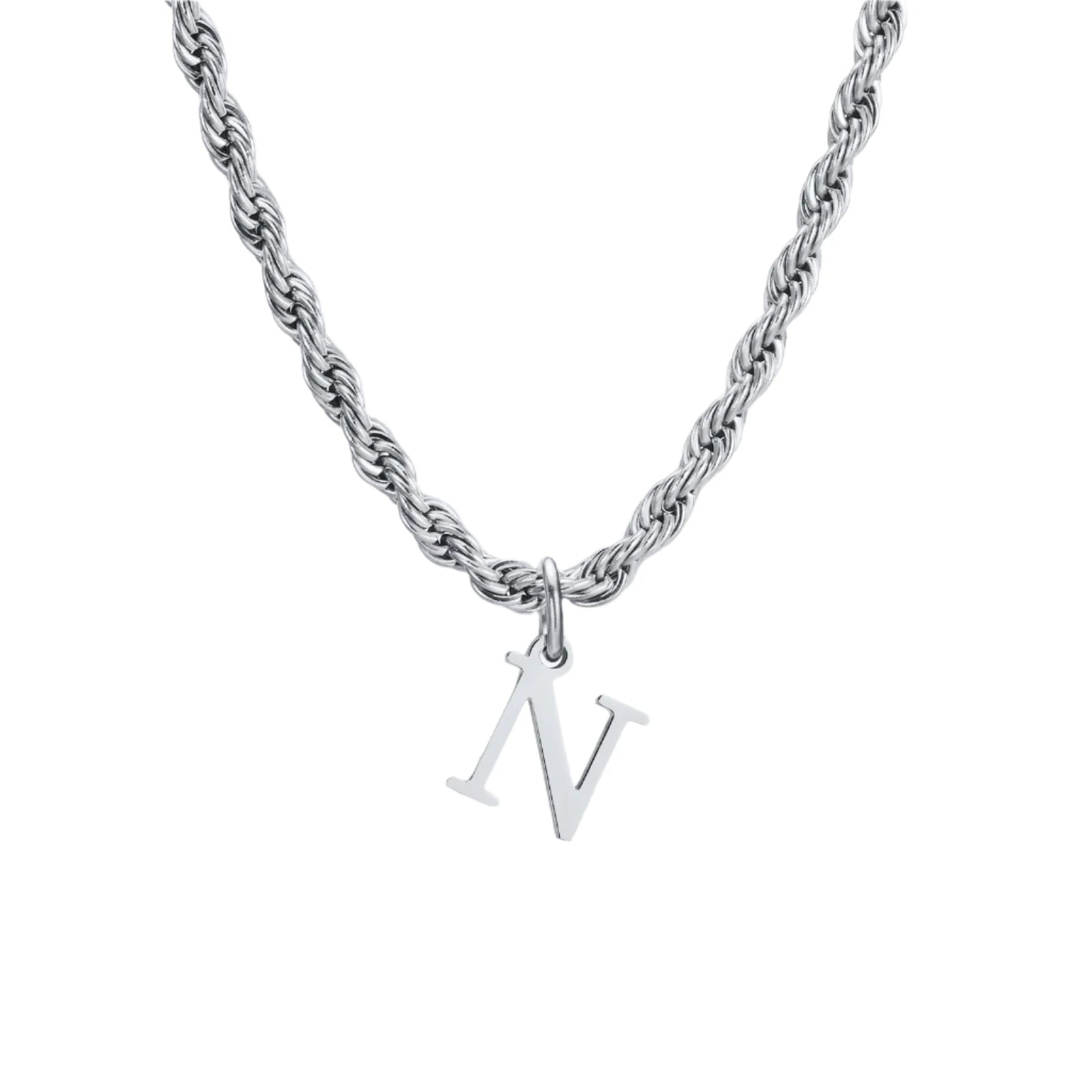 Classic Initial Necklace with Rope Chain Silver
