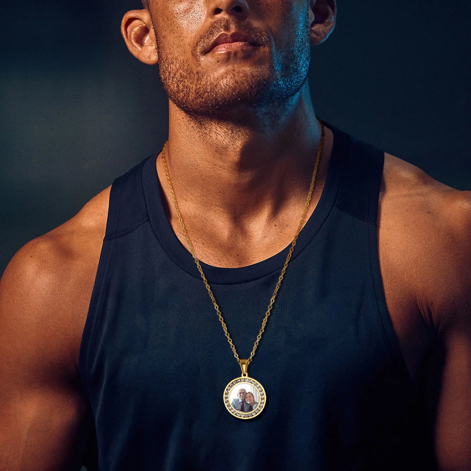 Engraved Photo Frame Pendant Chain Gold