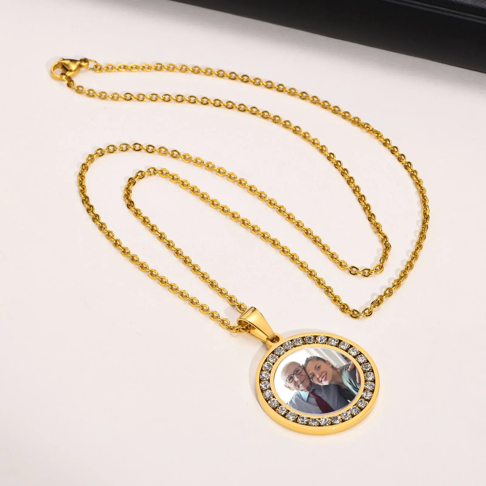 Engraved Photo Frame Pendant Chain Gold
