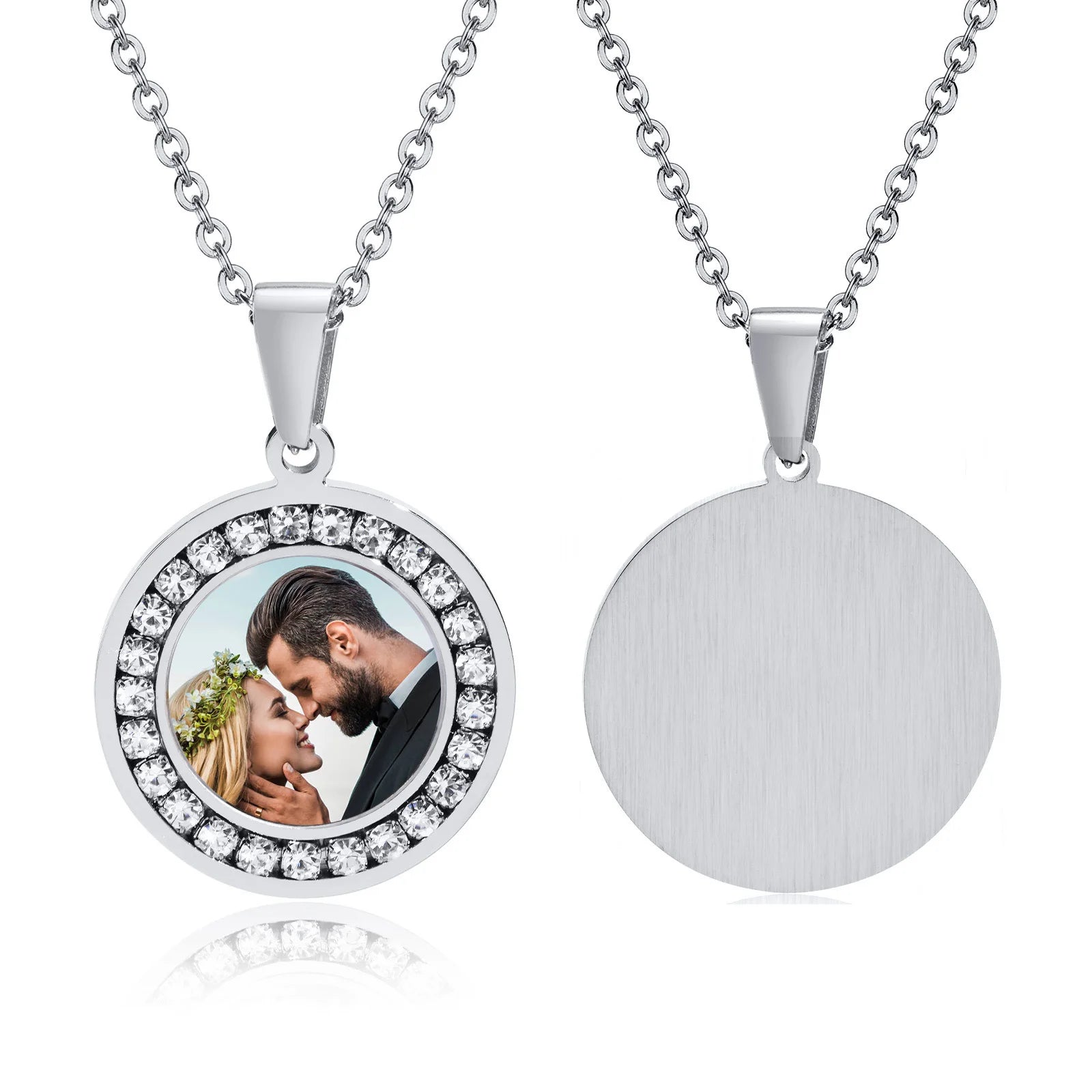 Engraved Photo Frame Pendant Chain Silver