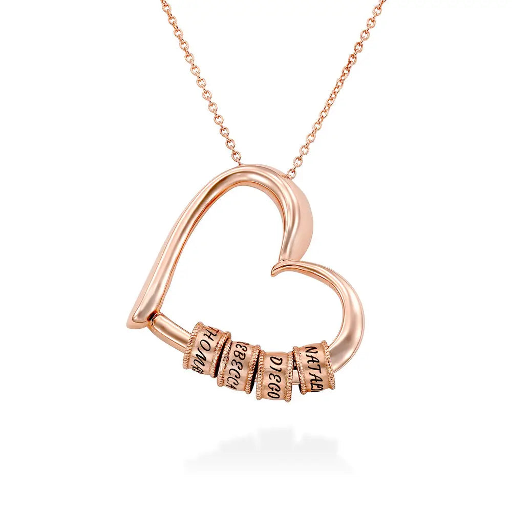 Heart Pendant Necklace with Engraved Beads Rose Gold