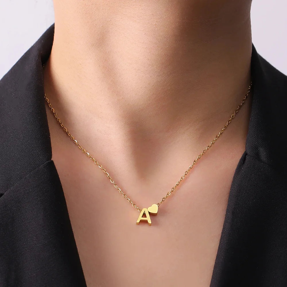 Mini Heart Initial Necklace Gold