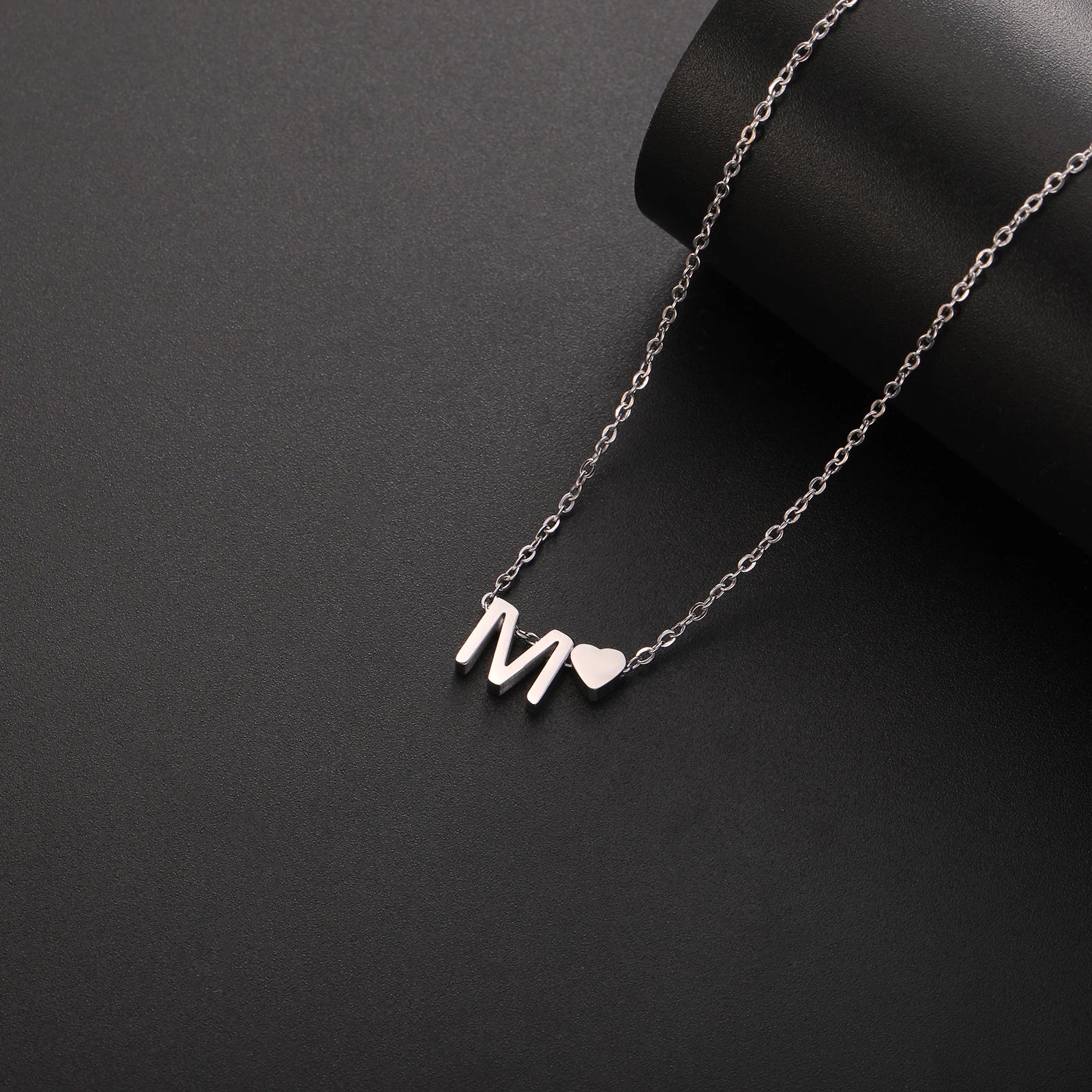 Mini Heart Initial Necklace Silver