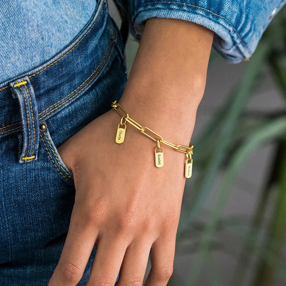 Paperclip Bracelet with Custom Name Charms Gold