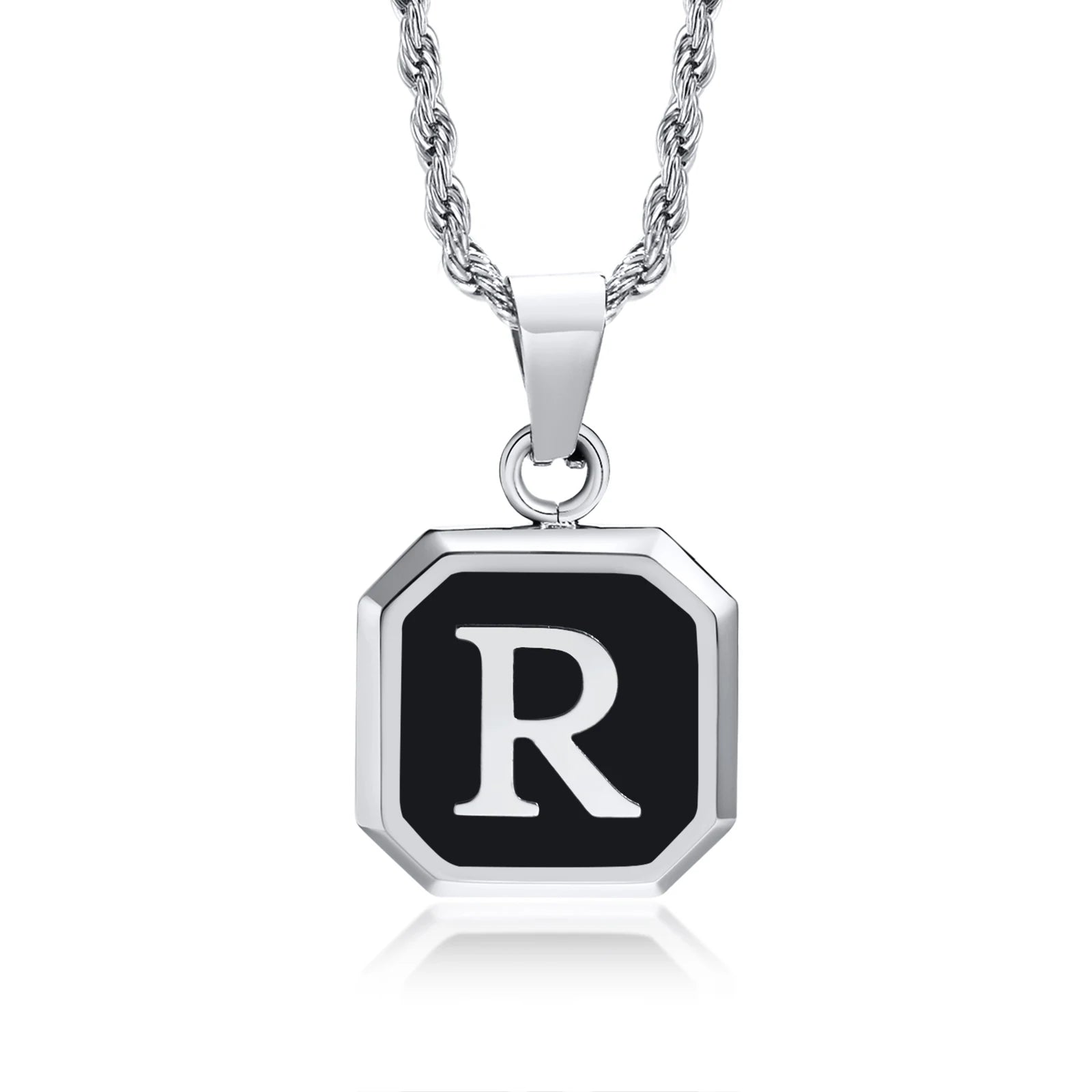Silver Initial Necklace Black Square Pendant