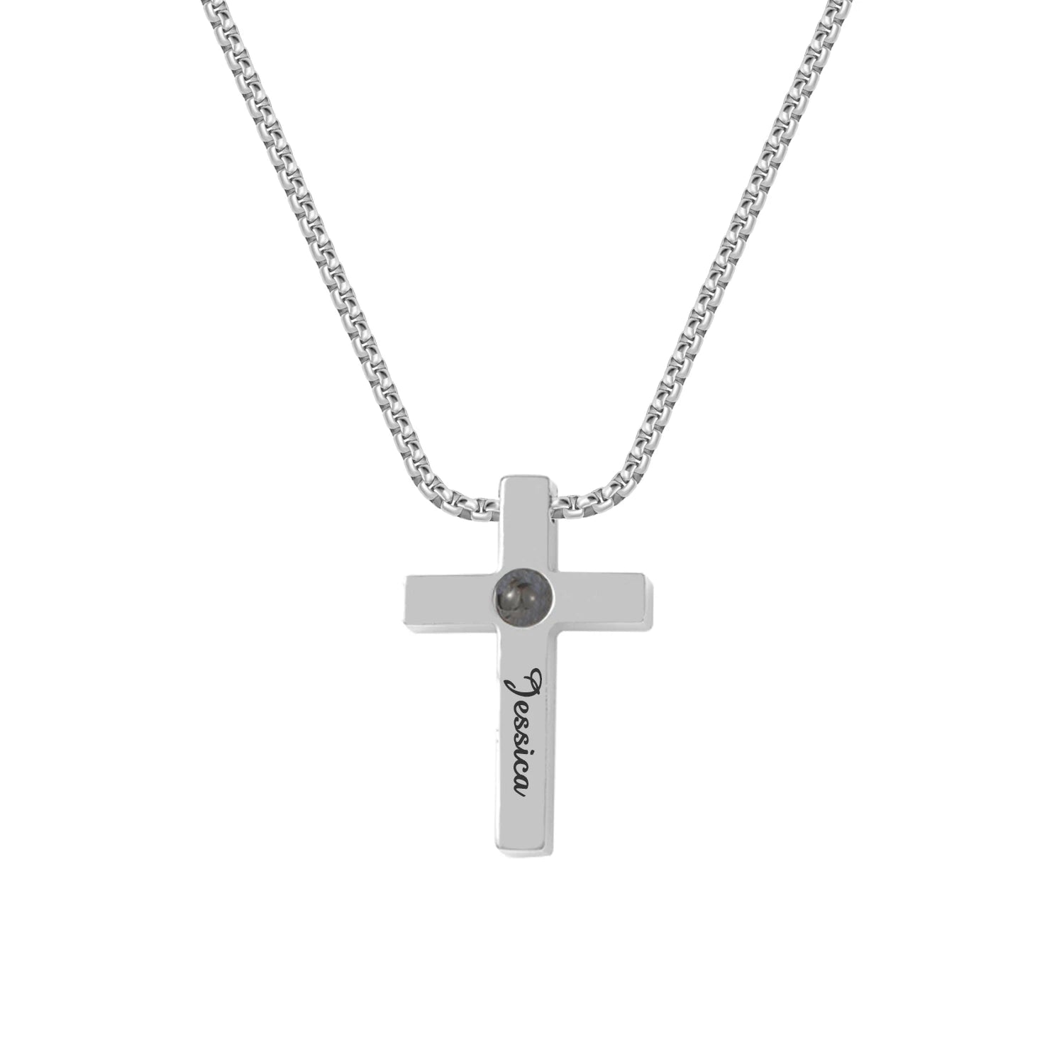 Engraved Cross Pendant Necklace with Photo Silver