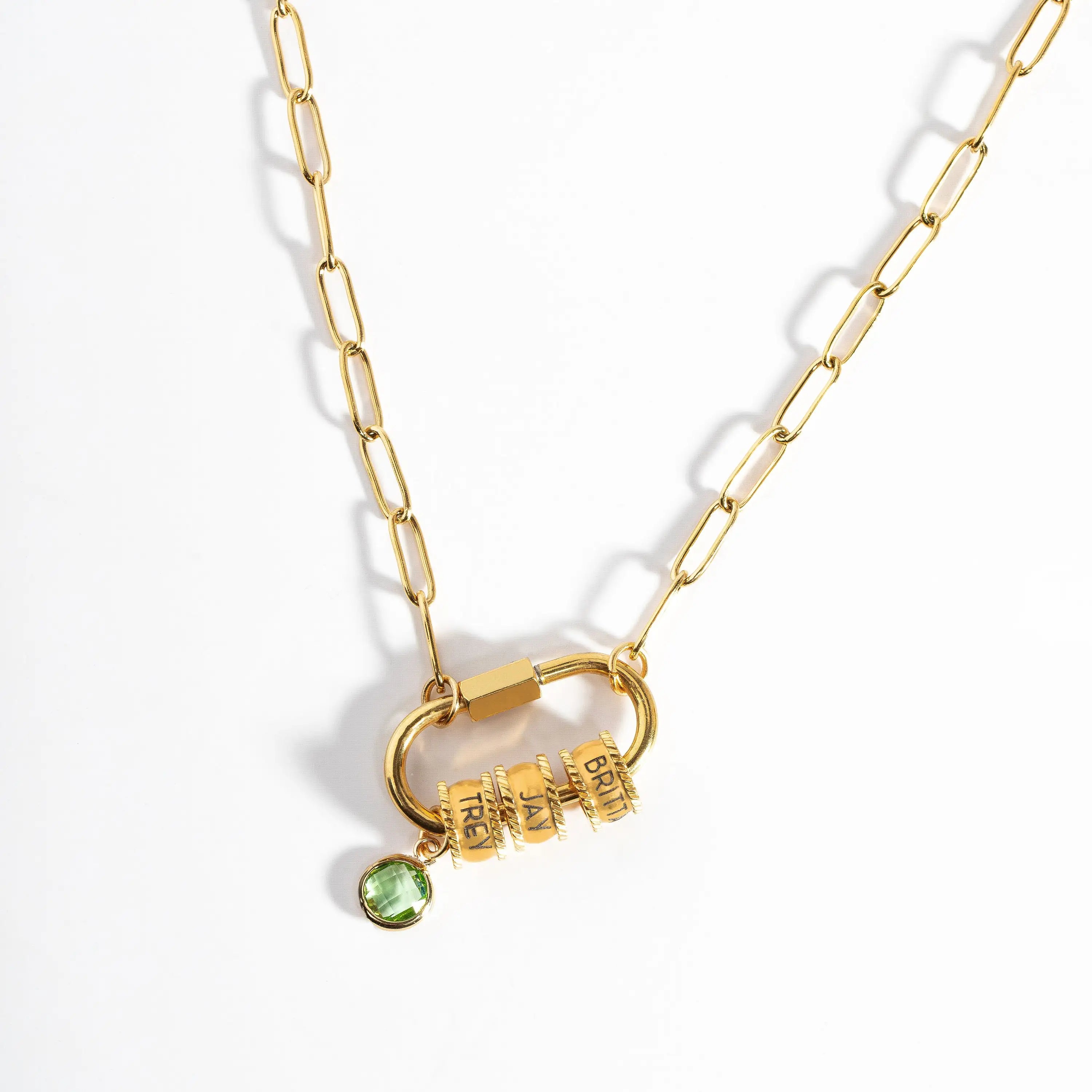 Gold Carabiner Lock Necklace with Name Beads and Birthstone