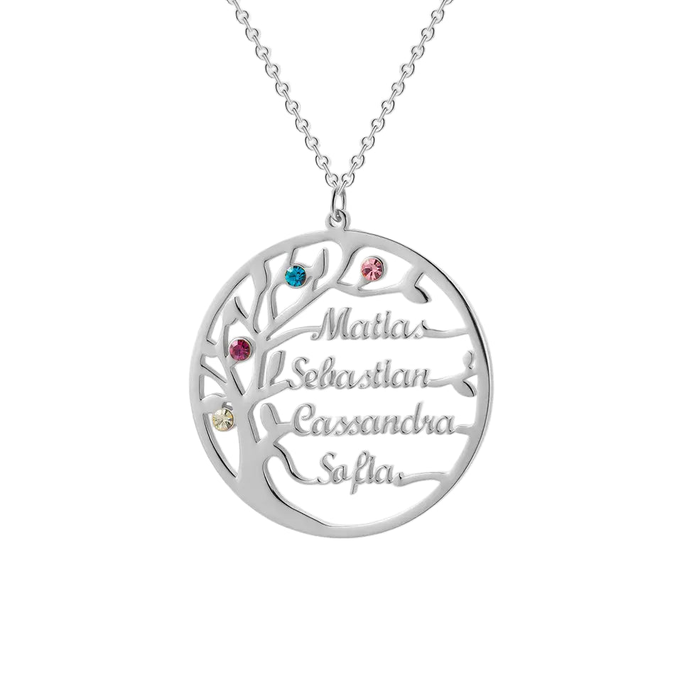 Family Tree Birthstone Necklace with Names Silver