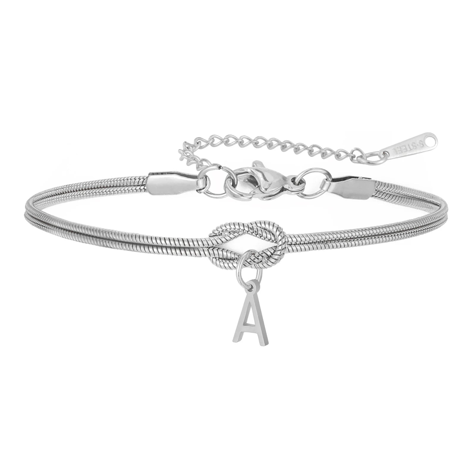 Silver Snake Chain Initial Bracelet with Infinity Knot