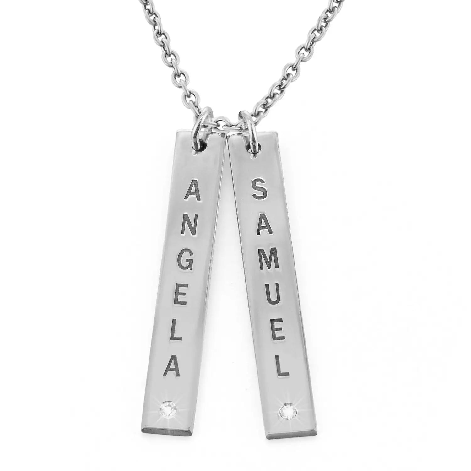 Engraved Vertical Bar Name Necklace with Birthstones Silver